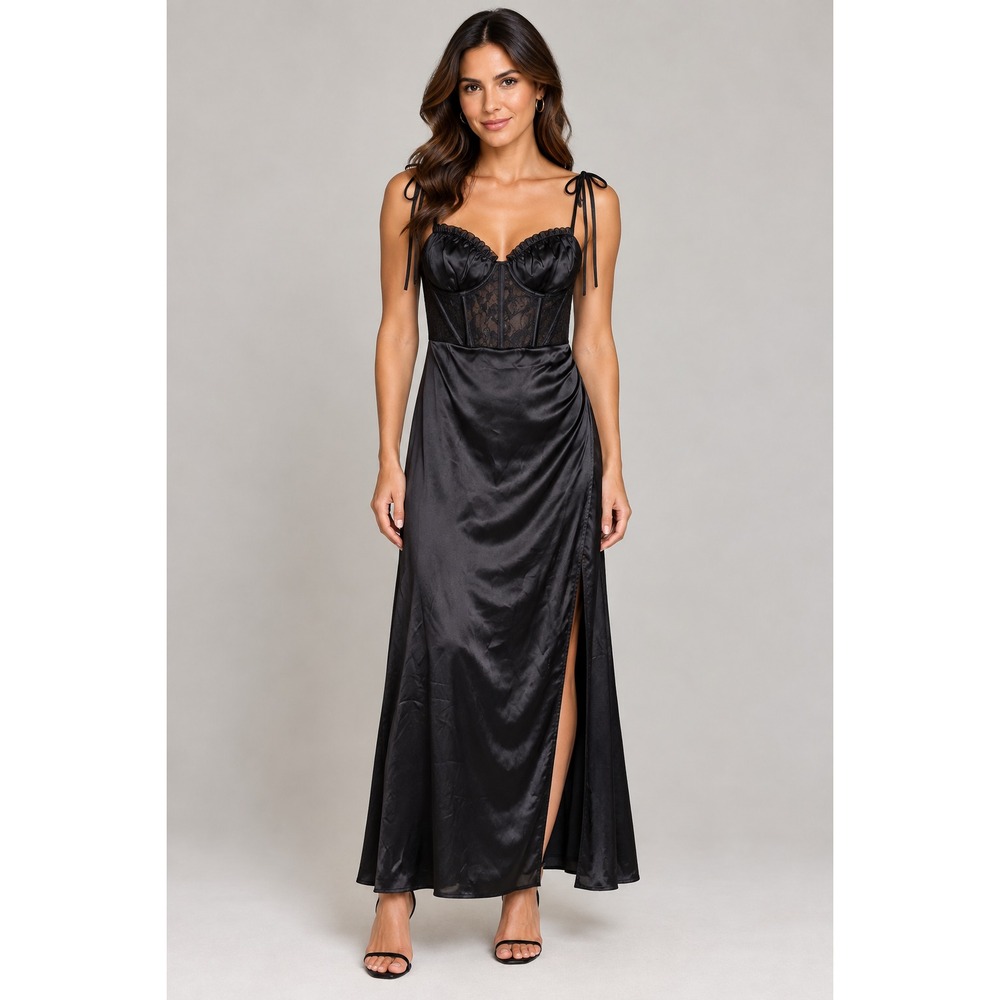 Lulus Maxi Dress Women M Black New Satin Lace Corset Lace-Up Back Slit Gown
